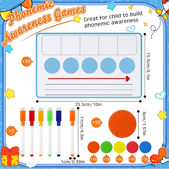 Nezyo 10 Pcs Phonemic Awareness Games Dry Erase Board Phonics Games with Magnetic Button and Pen Educational Gift for Kindergarten Classroom Kids Letter Sound Science Reading (Blue)
