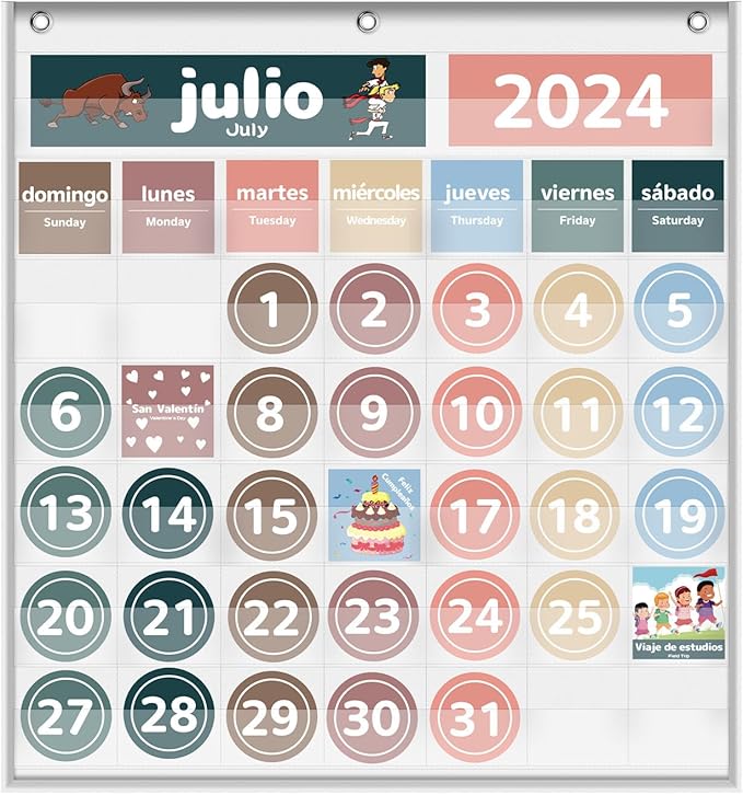 Monthly Calendar Pocket Chart for Classroom, Printed Days of The Week with Cards, Learning for Home or Kindergarten, Teacher Must Have Supplies That Fits Any School Décor (Spanish White)