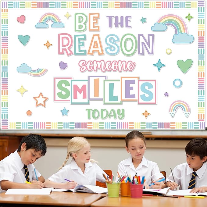 Pastel Classroom Bulletin Board Decoration Set Welcome Borders Cutouts Rainbow Decor for Door Welcome Bulletin Board Kindergarten Preschool School Craft Home Wall(Be The Reason Someone Smile Today)