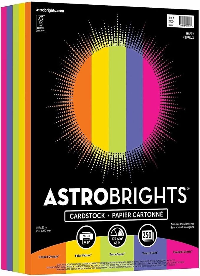 Astrobrights® Color Card Stock, Happy Assortment, Letter (8.5" x 11"), 65 Lb, Pack Of 250