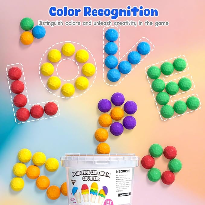 NEOROD Ice Cream Counting Toys for Toddlers 3-5 – Montessori Preschool Learning Set with 42 Scoops & 6 Cones | Color Sorting & Fine Motor Skills Stacker | Educational Math Game & Sensory Toys for Kids