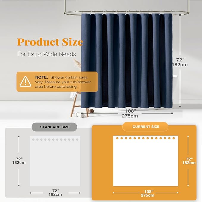 BTTN Extra Wide Shower Curtain - 108x72 Inch Linen Textured Waterproof Fabric Shower Curtain Set with 18 Plastic Hooks, Large Modern Neutral Decorative Shower Curtains for Bathroom and Bathtub - Navy