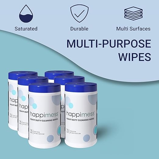 happimess WPE1001A-6SET Heavy Duty Cleaning Wipes, Multi-Purpose Multi-Surface Household Wipes, Extra Strong Cleaner for Kitchen, Bathroom, and Pet Messes, Unscented, 75 Count, Pack of 6