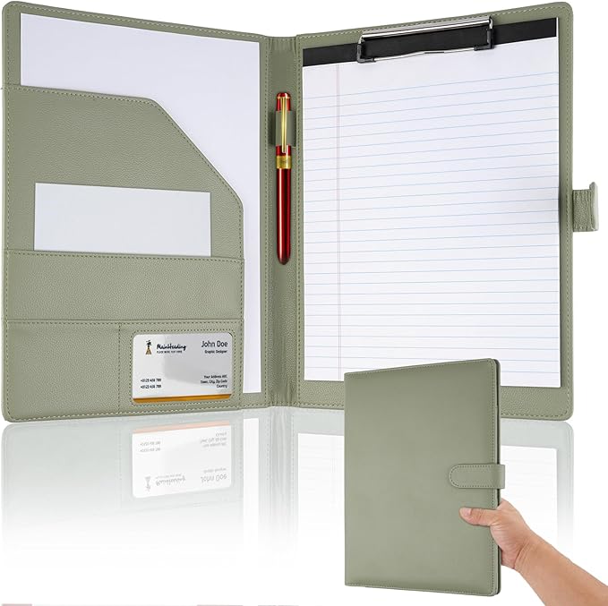 Professional Padfolio with Clipboard, Faux Leather Portfolio Folder Binder, Legal Pad Holder for A4 Letter Size Notepad, Resume, Writing, Ideal Organizer for Business Office Conference (Sage Green)
