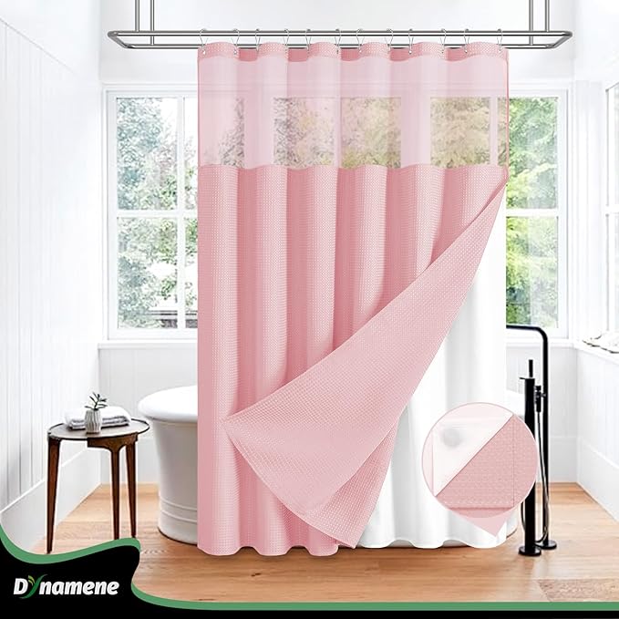 Dynamene Fabric Shower Curtain with Snap in Liner, Pink Waffle Hotel Shower Curtains for Bathroom, Washable Waterproof Cloth Shower Curtain Liner Set with Plastic Hook, Mesh Top Window, 72x72, Pink