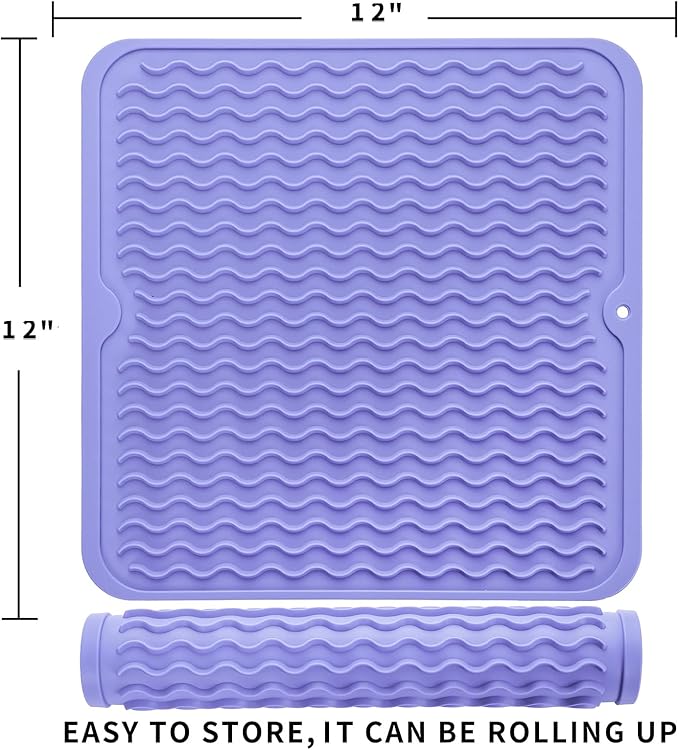 Silicone Dish Drying Mat for Multiple Usage,Easy clean,Eco-friendly,Heat-resistant Silicone Mat for Kitchen Counter or Sink,Refrigerator or Drawer liner Light Purple M 12 inches x 12 inches
