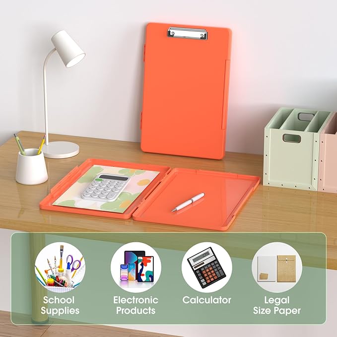 Legal Size Clipboard with Storage, High Capacity 8.5 x 14 Clip Board for Lawers, Folio & Side-Opening, Size 15 x 10 x 1.2 in, Orange