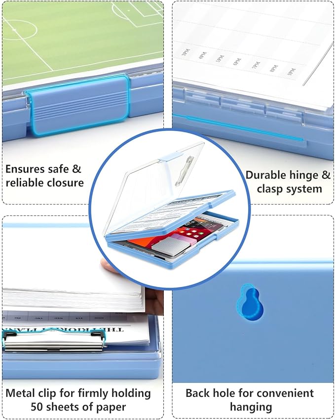 Clearview Clipboard with 2 Storage, Dry Erase 8.5x11 Heavy Duty ClipBoards - High Capacity Coaches Clip Board with Pen Holder - Side Opening Plastic Nursing Clip Case - Aqua Blue