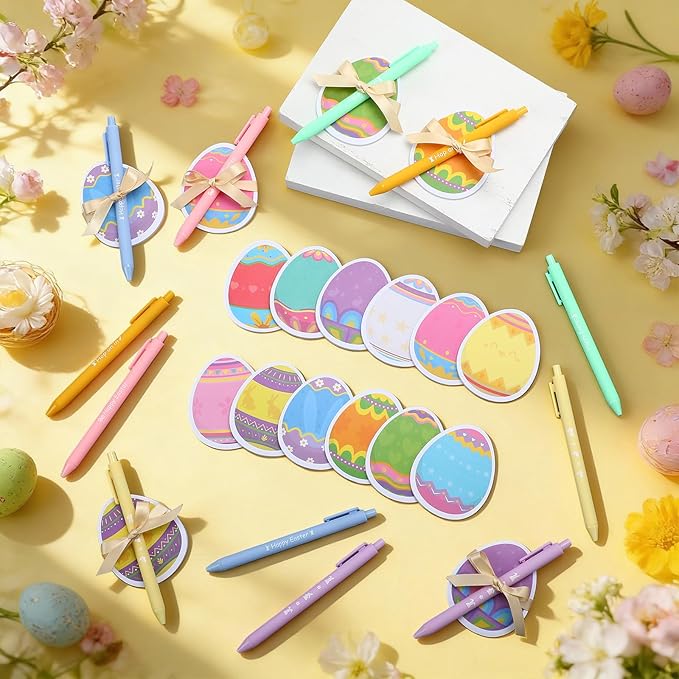 24 Set Easter Eggs Sticky Notes and Pens Set Easter Gifts Colorful Eggs Self Sticky Note Memo Pads with Pens for Classroom Office Supplies Goodies Bag Basket Stuffer Prizes