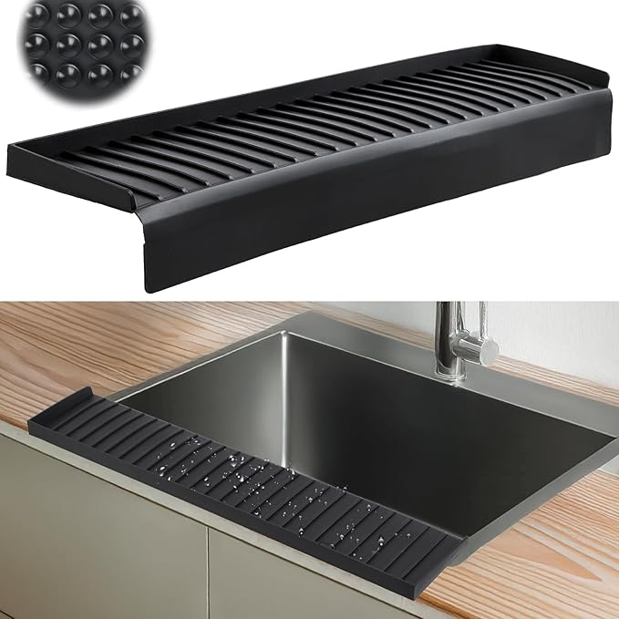Sink Edge Protector with Suction Cup 4"x20", Silicone Sink Splash Guard for Kitchen & Bathroom, Protect Countertop from Scratches, Stains, for Stainless Steel Granite Quartz-Black