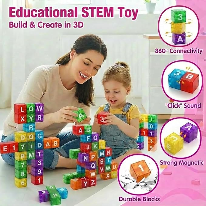 Magnetic Alphabet Blocks 40pcs - Educational STEM Learning Toys for Kids 3-8 | Portable Travel Letter Number Math Kit | Montessori Preschool Gifts Boys Girls