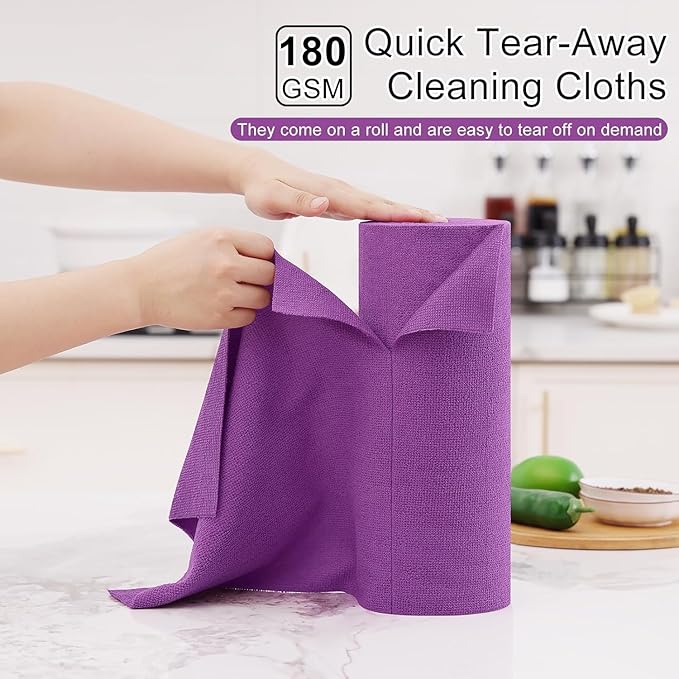 Homaxy Tear Away Dish Cloths Rolls, 40 Sheets-11.8" X 11.8", Reusable Washable Dish Towels for Kitchen, Ultra Absorbent and Quick Drying Microfiber Cleaning Rags, Purple
