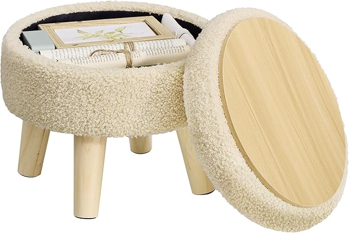 SONGMICS Storage Ottoman, Foot Stool, Round Ottoman with Padded Seat, Foot Rest with Wood Legs, Small Table, for Hallway, Living Room, 12.2 Inches, Teddy Fleece, Summer Sand ULOM515LF01