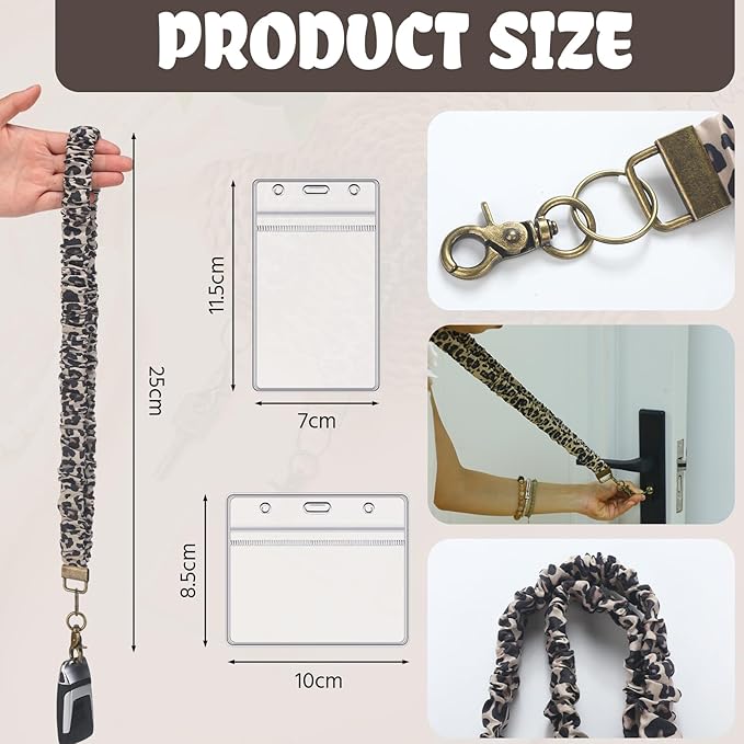 Marspark 2 Set Scrunchie Lanyards with 4 Card Holders for ID Badges and Keys Cute Stretchy Scrunchie Neck and Wrist Lanyards for Teacher Women Nurses School Office Supplies (Dark Brown,Leopard Print)