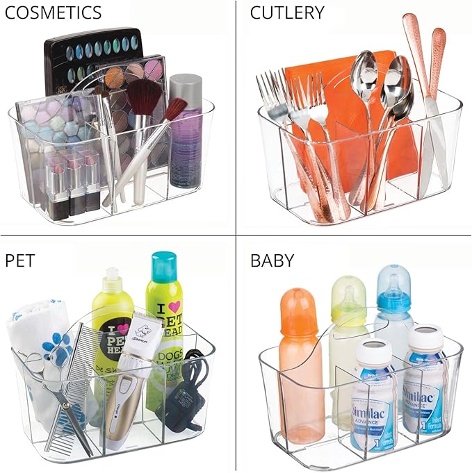 mDesign Plastic Portable Craft Storage Organizer Caddy Tote, Divided Basket Bin w/Handle - Craft, Sewing, Art Supplies - Holds Brushes, Colored Pencils - Lumiere Collection - Clear, 2 Pack