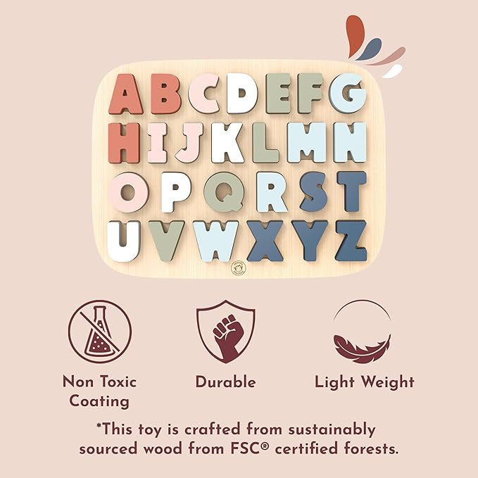 Speedy Monkey Colorful Wooden Alphabet Puzzle | Non Toxic, Child-Safe Paint, Learning Toy for Kids, Educational Fun, Easy-Grasp Letters, Enhances Fine Motor Skills
