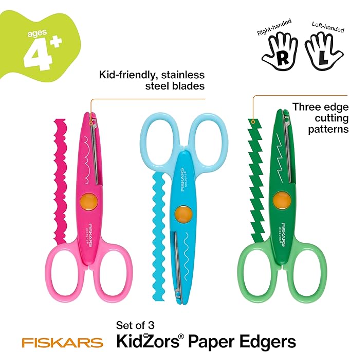 Fiskars Kidzors Paper Edgers Scissors – Decorative Scissors for Paper, Cardstock, & Crafts, For Crafting and School Supplies, 5 inches, 3 Pack