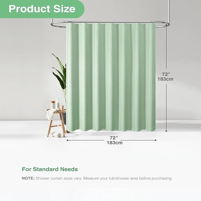 Dynamene Mint Green Fabric Shower Curtain - Waffle Weave Textured Heavy Duty Cloth Shower Curtains for Bathroom, 256GSM Hotel Luxury Weighted Bath Curtain Set with 12 Hooks,72x72, Mint Green