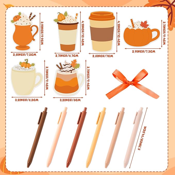 72pcs Fall-Theme Latte Sticky Notes & Pens & Ribbons Set, Cute Pumpkin Fall Element Latte Pastel Notepads Gift, Self-Stick Memo Pad for Thanksgiving Appreciation Back to School Party Favor