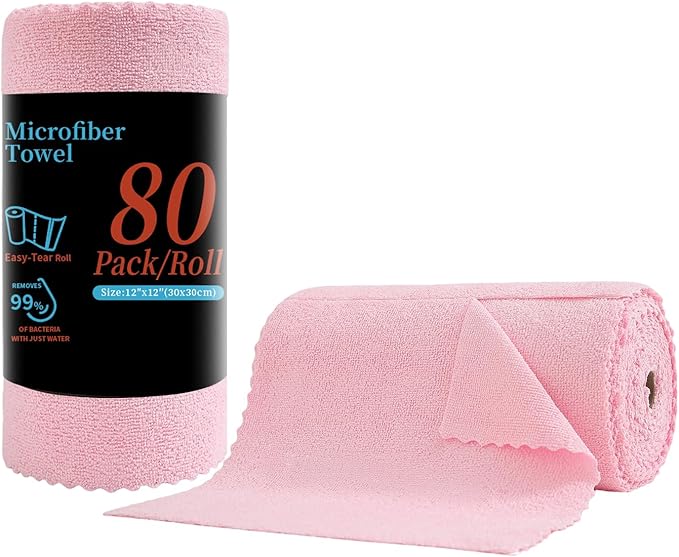 80 Pack Microfiber Cleaning Cloth Roll,Lint Free Rags & Tear Away Reusable Towels Washable Scratch,Ultra Absorbent Dish Rags(12" x 12") for Car Kitchen Home Garage-Pink