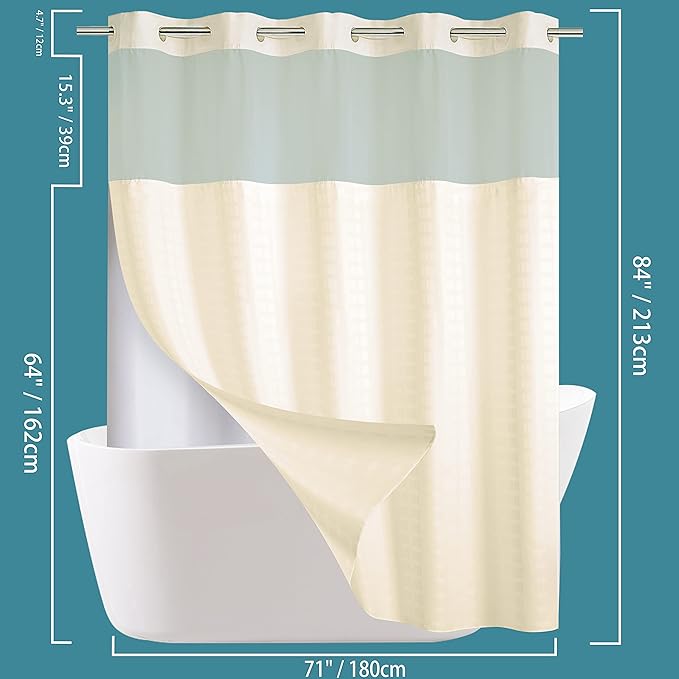 Conbo Mio Extra Long No Hook Shower Curtain with Snap in Liner Set, Hotel Luxury Beige Shower Curtains for Bathroom with See Through Top Window, Waterproof, Washable 71W x 84H