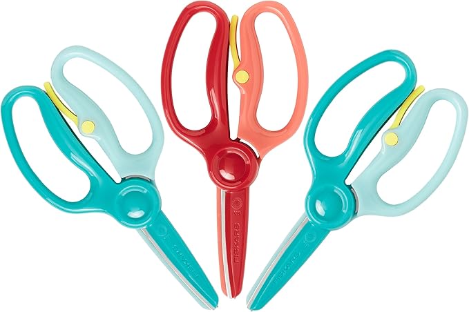 Fiskars Training Scissors for Preschoolers Ages 3+ (3-Pack), Small Kids Safety Scissors with Training Lever, Easy to Use, Preschooler Art Supplies, Back To School, Turquoise and Red