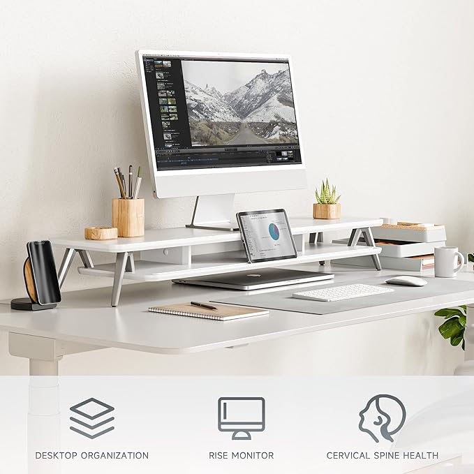 Fenge Dual Monitor Stand, Monitor Stands Riser for 2 monitors, 42.5 Inch Wood Desk Shelf with Storage Organizer and Cable Management for Office Desk Accessories