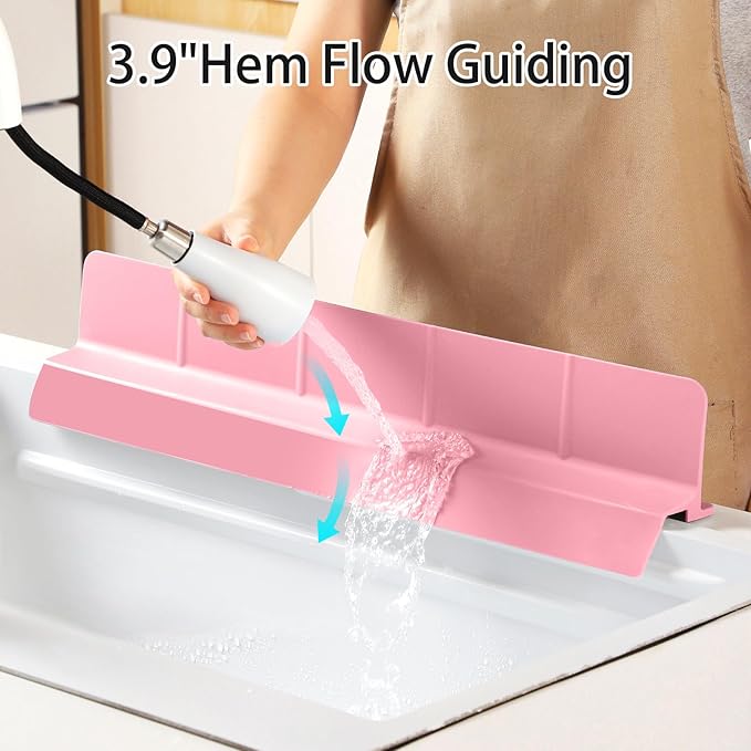 23" Ultra Silicone Sink Splash Guard Released in 2025/Dec,Self-Draining Water Splash Guard for Kitchen Sink,Bathroom and Island,with 3.5" High Splash Guard & 7 Strong Suction Cup (Pink)