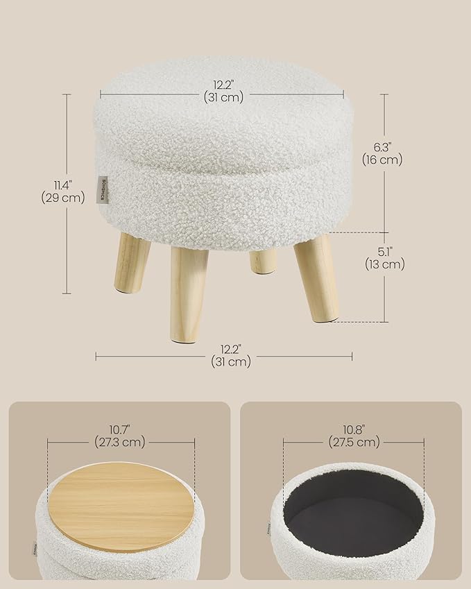 SONGMICS Storage Ottoman, Foot Stool, Round Ottoman with Padded Seat, Foot Rest with Wood Legs, Small Table, for Hallway, Living Room, 12.2 Inches, Teddy Fleece, White ULOM515WD01