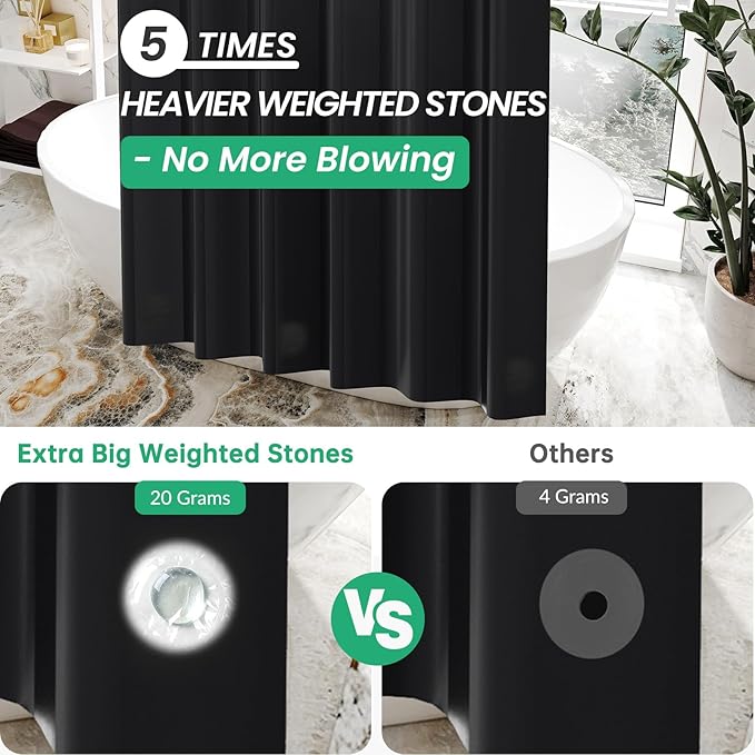 AmazerBath Plastic Shower Curtain Liner, 72 x Inches EVA 8G Heavy Duty Black Waterproof Weighted Thick Bathroom with 3 Clear Weights and 12 Rustproof Grommet Holes