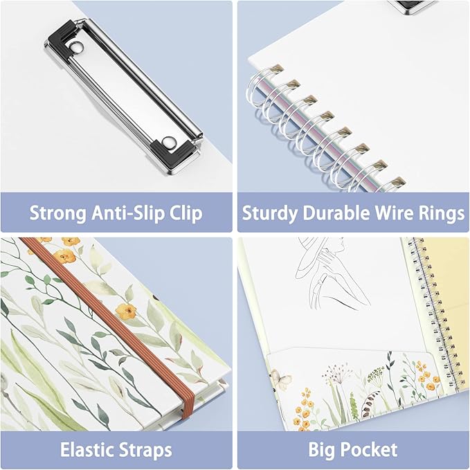 Rimilak Spiral Clipboard Folio with Refillable Lined Notepad, 14.5 x 9.8 In, Hardcover Cover with 5 Interior Pockets, Elastic Band and Pen Loop Series. Cute Stylish Clipfolio, Butterfly Flower