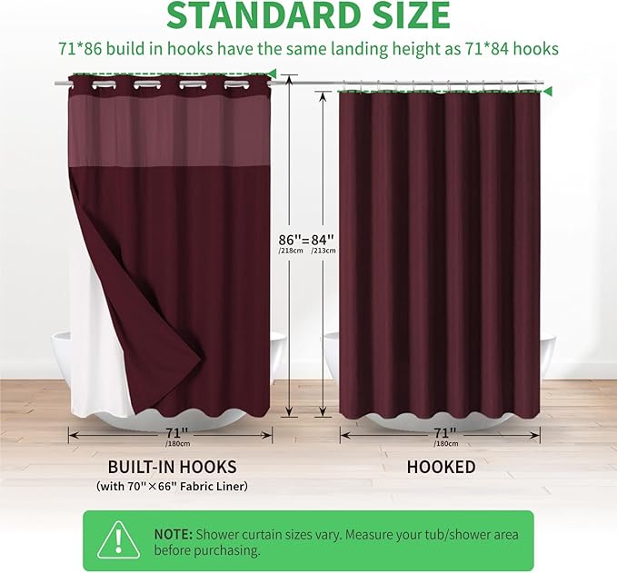 Extra Long No Hooks Needed Linen Textured Shower Curtain with Snap-in Fabric Liner Set,White Hotel Luxury Decor Shower Curtains for Bathroom,Waterproof & Washable,71Wx86H,Burgundy