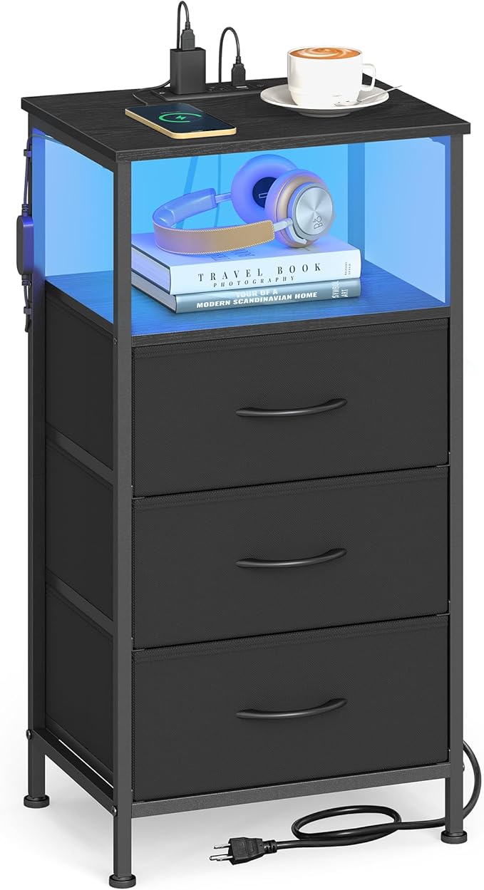 SONGMICS BELLAH Collection - Nightstand with Charging Station and App-Controlled Adjustable LED Lights, Bed Side Table, 3 Drawer and 1 Open Shelf, Bedroom, Ink Black and Ebony Black ULGS303BH01S