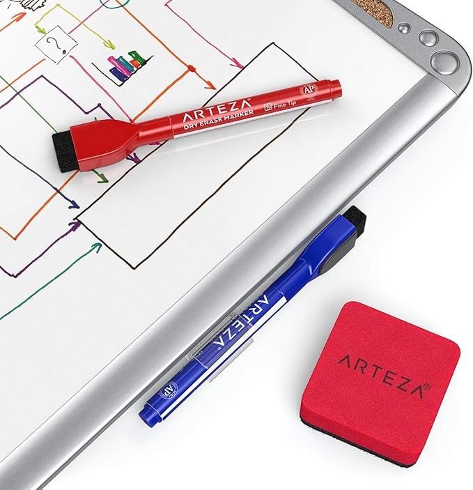 Arteza Framed Magnetic Cork Whiteboard Set, 12x14 inches, 2-Pack Dry Erase Lap Boards with Push Pins, Markers & Magnets, Office & Back to School Supplies for Home, Classroom, Students, Brainstorming