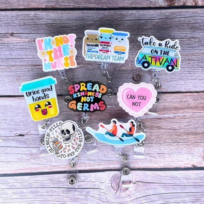YJ PREMIUMS 8pc Cute Funny Nurse Badge Reel Retractable Name ID Clip for Nurses Nursing School Students Doctor Medical Assistant MA CNA RN ER Work Accessories Essentials Gifts for Nurses Bulk