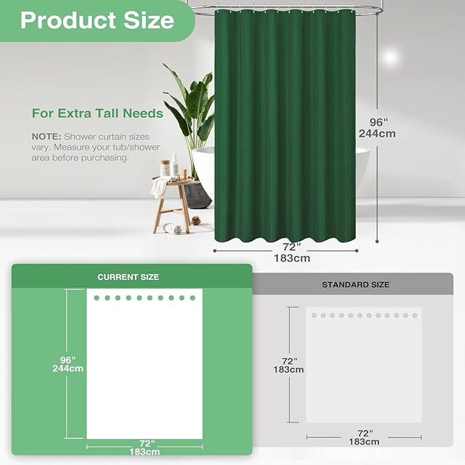 Dynamene Extra Long Shower Curtain - 96 Inch Long Waffle Weave Weighted Thick Cloth Bathroom Shower Curtain, Neutral Heavy Duty Hotel Bath Curtain Set with 12 Plastic Hooks,72x96, Dark Green