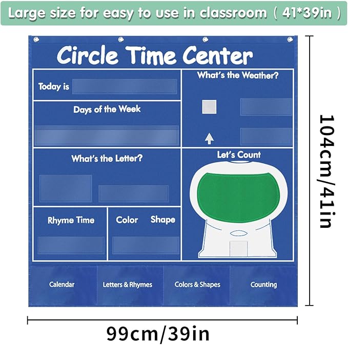 Boczif Circle Time Learning Center Pocket Chart for Classroom, Educational Teaching Materials Learning Calendar Weather Number Counting Letter Color Shape Wording Rhyme Pictures (Blue)