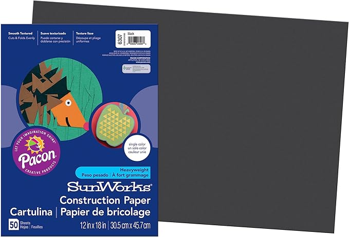 SunWorks® Construction Paper, Black, 12" x 18", 50 Sheets Per Pack, 5 Packs