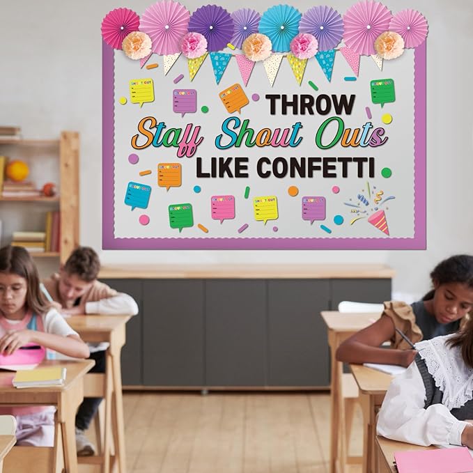 TaoBary 97 Pcs Staff Shout out Bulletin Board Decorations 3D Throw Staff Shout out Like Confetti Appreciation Bulletin Board Set with Fans Paper Cutouts for School Classroom Office Wall Decor Supplies