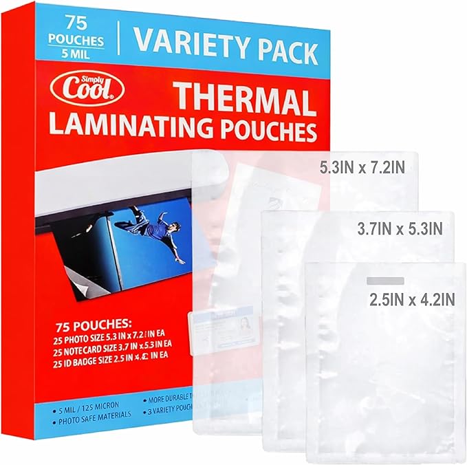 5MIL Thermal Laminating Sheets (75 Count) Small Sizes, Photo, Notecard, I.D. Badge Sizes, Dry-Erase Friendly Laminating Pouches, Compatible with Laminators, Crystal Clear Laminated Finish