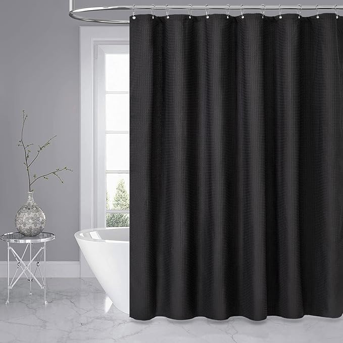 Dynamene Extra Long Fabric Shower Curtain - Waffle Weave 84 Inches Long Heavy Duty Cloth Shower Curtains for Bathroom, 256GSM Large Hotel Luxury Bath Curtain Set with 12 Plastic Hook, 72Wx84H, Black