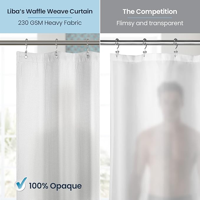 LiBa Waffle Weave Fabric White Shower Curtain, 72 W x 72 H Water Repellent & Heavyweight, Hotel Quality & Cloth Linen Shower Curtains Set and for Bathroom