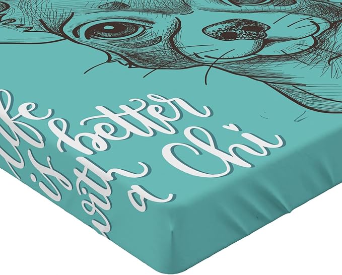 Ambesonne Chihuahua Fitted Sheet, Face Sketch of Dog with Hat and Life is Better with a Chi Words, Bed Cover with All-Round Elastic Deep Pocket for Comfort, Full Size, Seafoam Taupe and White