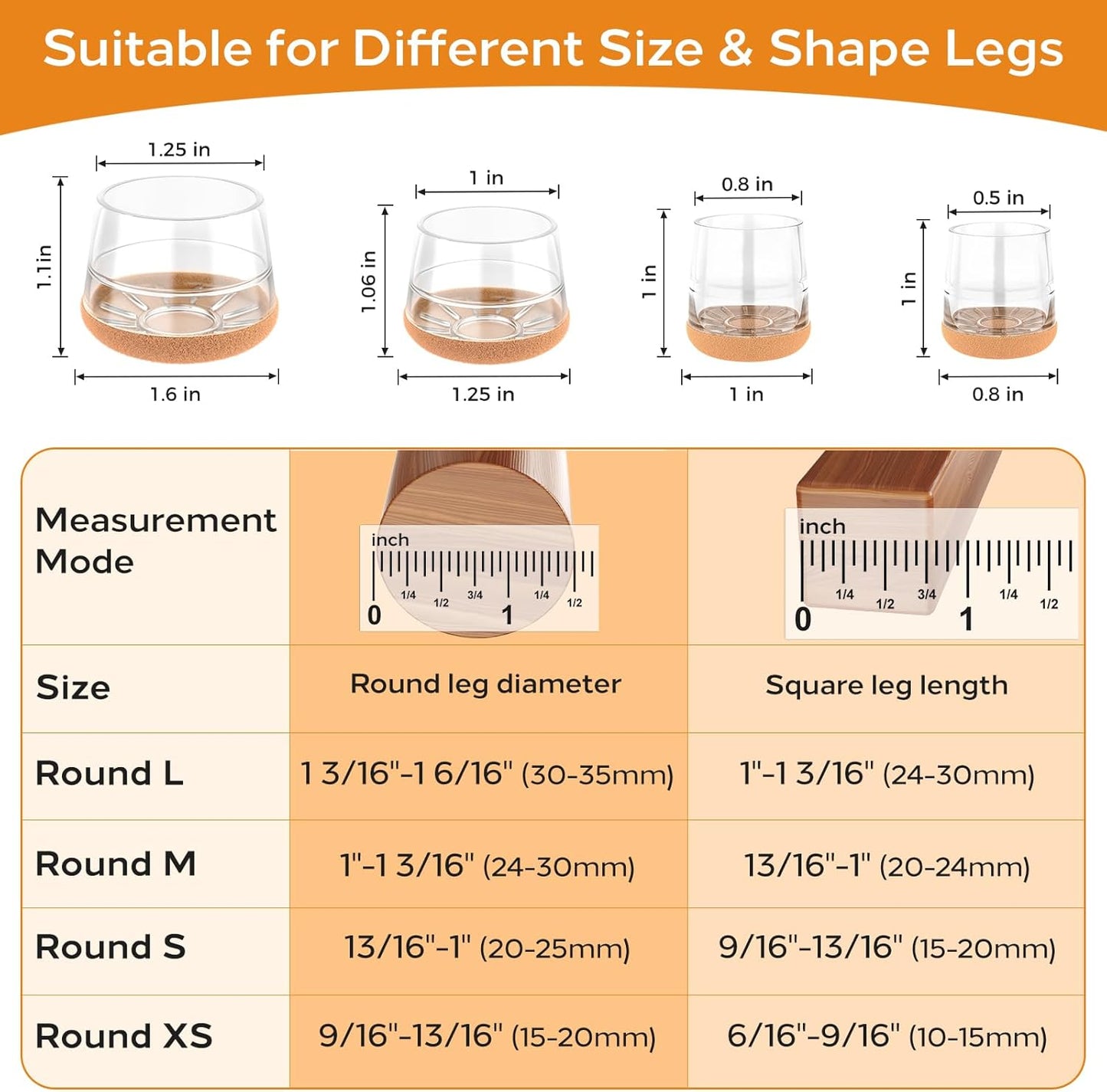Meldel 24 PCS Silicone Chair Leg Floor Protectors Large (1.2"-1.4") Rubber Felt Furniture Pads Chair Legs Caps/Covers for Hardwood Floors, Tile from Scratches & Reduce Noise - Round, Clear