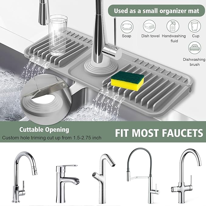 14.6-Inch Kitchen Sink Splash Guard Mat | 7° Slope for Fast Self-Draining | Snap-Lock Design | Universal & Cuttable Silicone Faucet Mat GRAY