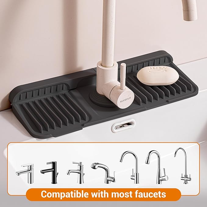 Faucet Mat for Kitchen Sink, 14"X5.5" Silicone Sink Splash Guard with Soap Holder, Snap-On Design & 7°slope Fast Drain, Folding Sink Faucet Mat for Universal Kitchen Bathroom Sink（Black）