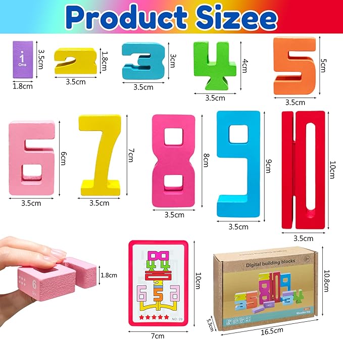 20Pcs Wooden Number Building Blocks,Montessori Number Blocks Math Learning Digital Building Blocks Digital Educational Counting Learning Toys for Parent-Child Interaction Skills Valentines Day Gifts