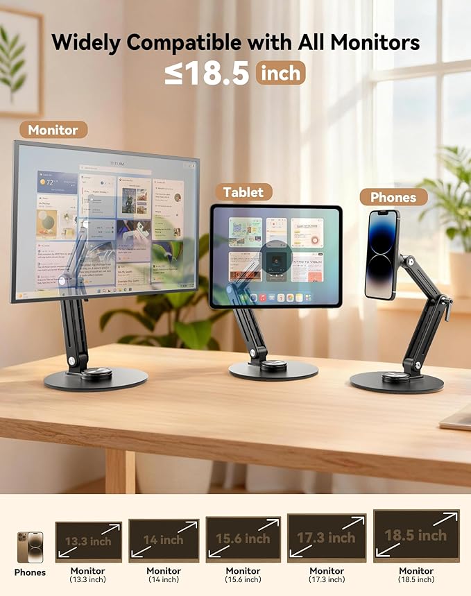 Jakeko Magnetic Portable Monitor Stand 15.6" - up to 16" 18.5" 22 inch Tablet Holder for iPad VESA Mount 75mm for Desk Adjustable Foldable 360° Swivel
