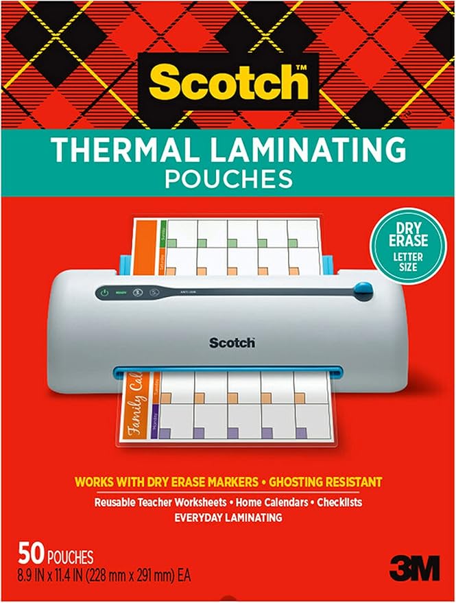 Scotch dry erase Thermal Laminating Pouches, 50-Pack, Works with Dry Erase Markers, Reuseable Worksheets, Calendars, Checklists, 8.9 x 11.4 Inches, Letter Size, Clear Professional Finish (TP3854-50DE)