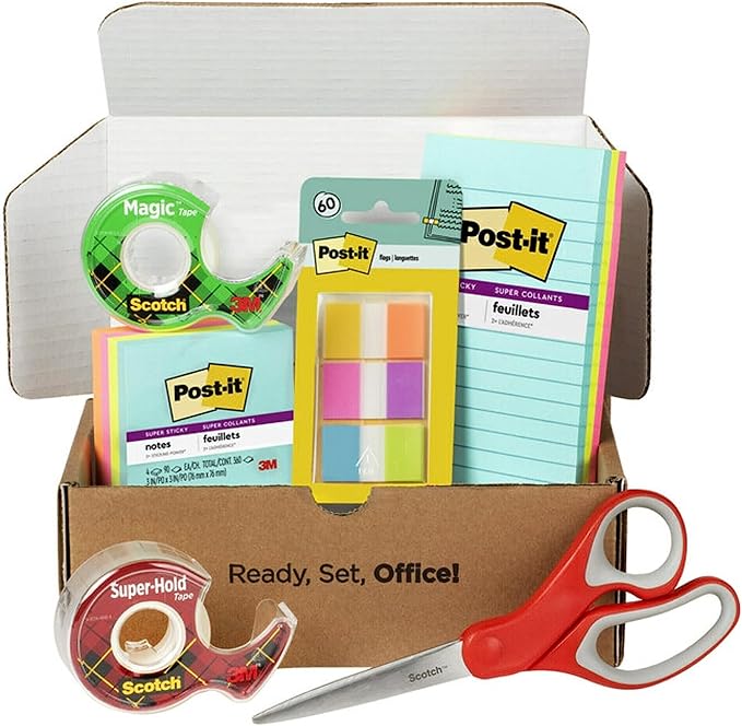 Scotch and Post-it Brand Office Essentials Kit, Business and Teacher Supplies Set with Post-it Super Sticky Notes, Scotch Super Hold Tape, Scotch Magic Tape, Post-it Flags, Sharp Scissors for Office